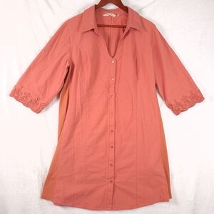 Soft Surroundings Button Front Embroidered Cuff Shirt Dress Orange 1X